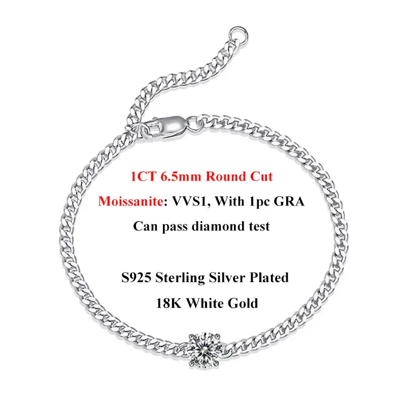 1CT Oval Cut D Color Moissanite Diamond Bracelet for Women 925 Silver Plated 18k Adjustable 16-21cm Cuban Link Bracelets