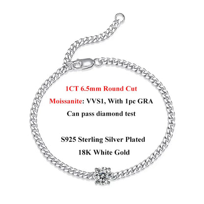 1CT Oval Cut D Color Moissanite Diamond Bracelet for Women 925 Silver Plated 18k Adjustable 16-21cm Cuban Link Bracelets