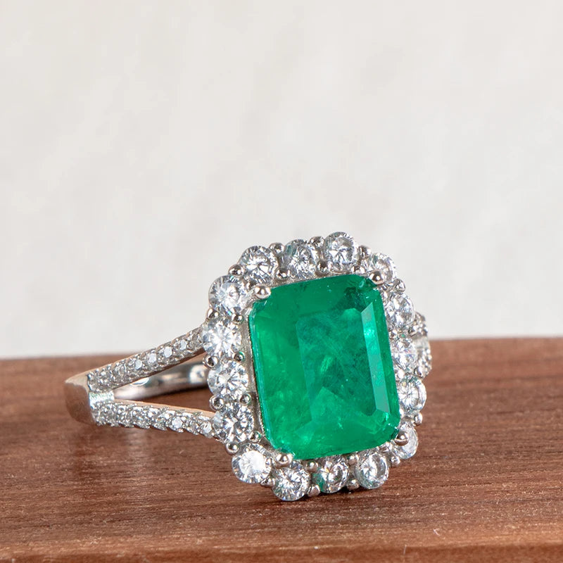 Luxury  sterling silver ring for charm lady with green emerald gemstones wedding fine Jewelry gift size 6-10