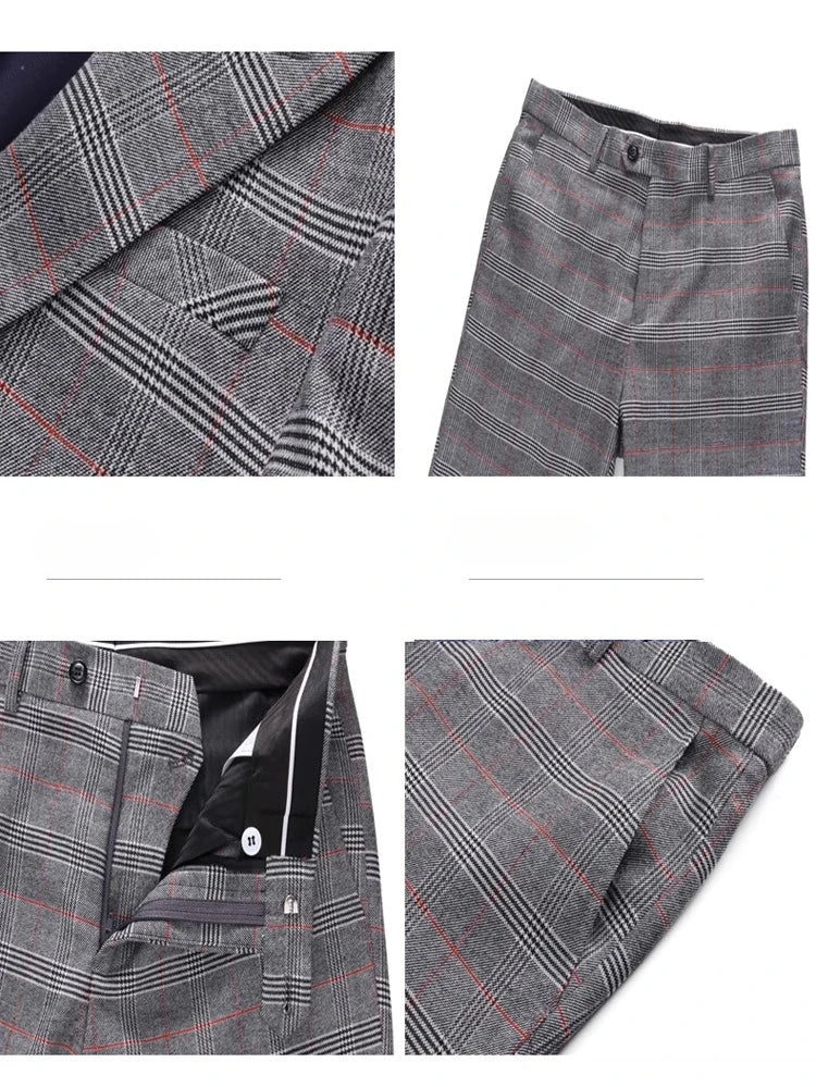 (  Blazer + Vest + Pants ) High-end Brand Gray Plaid Mens Formal Business Office Suit Three-piece Groom Wedding Dress Party Suit