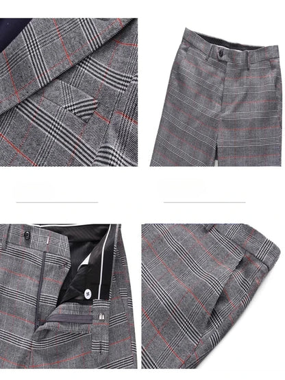 (  Blazer + Vest + Pants ) High-end Brand Gray Plaid Mens Formal Business Office Suit Three-piece Groom Wedding Dress Party Suit