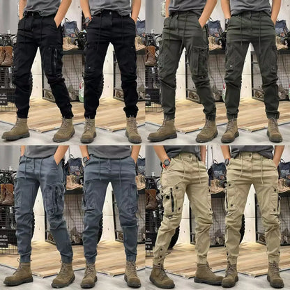 Fashionable men's slim fit work pants, casual loose zipper, multi pocket jogging pants, elastic leg binding pants