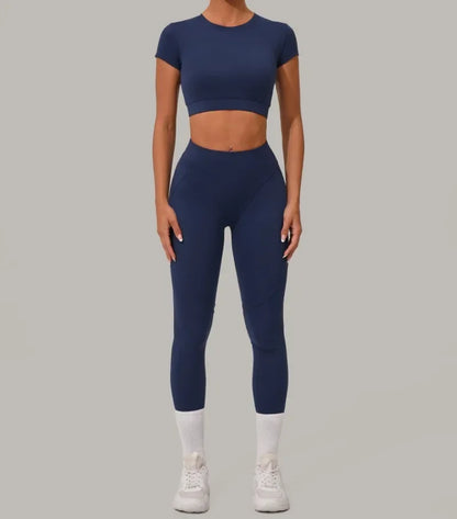 Gym Workout Yoga Fitness Sports Suit Short-sleeved Top Padded-free High-waisted Hip-lifting Trousers Outdoors Leisure Sportswear