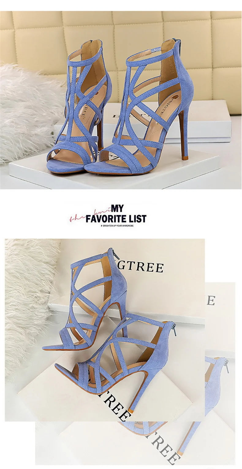Women Roman Style Thin High Heels Pumps Pointed Toe Suede Hollow Strap Party Shoes Solid Ankle Zip Summer Sandals