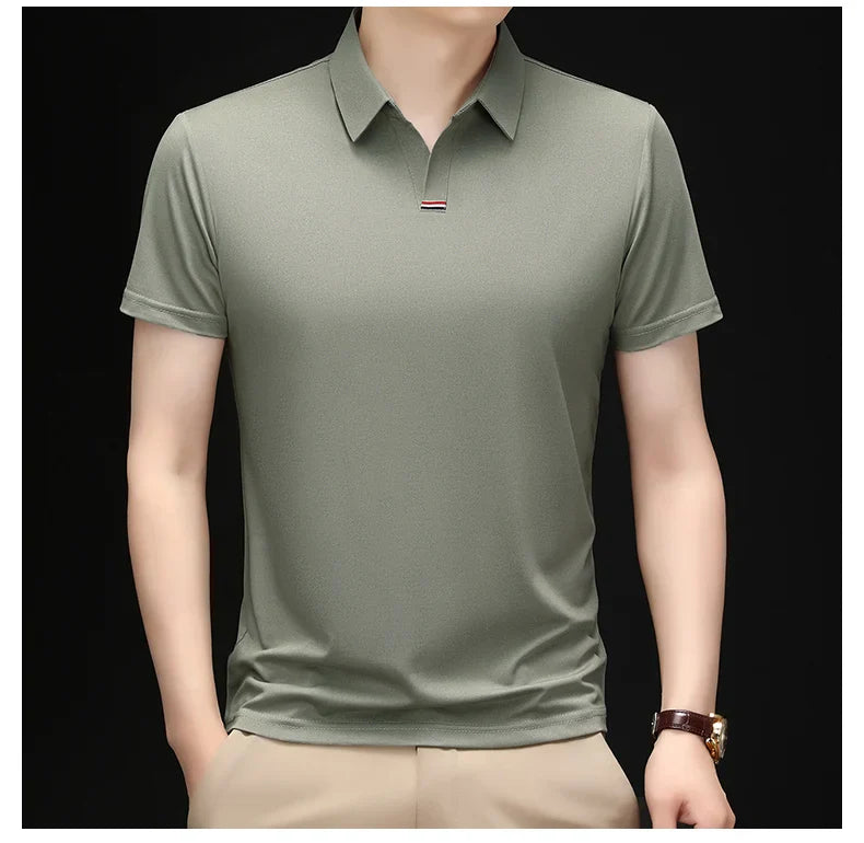 High quality brand solid color V-neck short sleeve polo shirt men summer fashion simple casual ice silk breathable lapel T-shirt