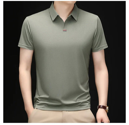 High quality brand solid color V-neck short sleeve polo shirt men summer fashion simple casual ice silk breathable lapel T-shirt