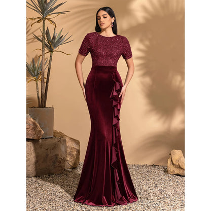 Round neck short sleeve sequined velvet ruffled decorative hip dress