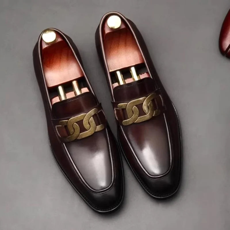 Metal Buckle Leather Shoes For Men Luxury Slip-on Genuine Leather Business Formal Shoes Groom Wedding Shoes