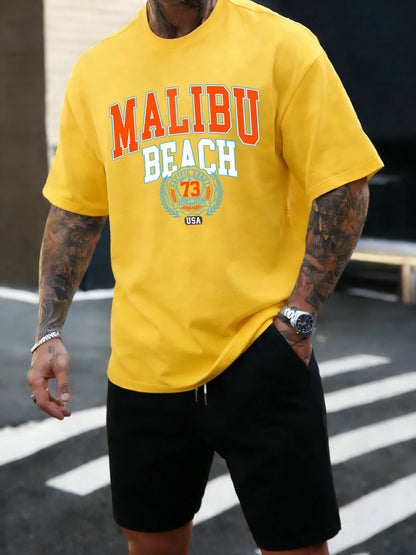 Malibu Beach 73 Usa Printing T-Shirt Mens Cotton T Shirts O-Neck Summer Basics Clothes Casual Trendy All-Match Short Sleeve