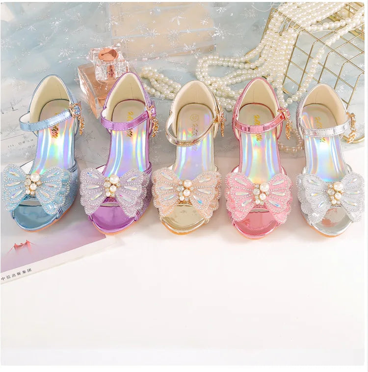 Children's Princess Shoes Summer New Girls' Performance High Heels Fashion Pearl Bow Baby Crystal Sandals