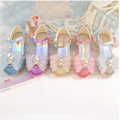 Children's Princess Shoes Summer New Girls' Performance High Heels Fashion Pearl Bow Baby Crystal Sandals