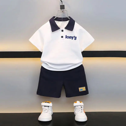 ‌Boys' 2026 New Summer Polo Shirt & Shorts 2-Piece Set Trendy Sporty Waffle Knit Outfit Cool Casual Toddler Kids Clothing