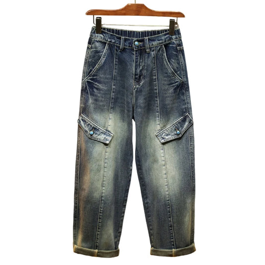 Men's Retro Washed Vintage Blue Jeans Trendy American Minimalist Loose Straight-Leg Denim Comfortable Pants