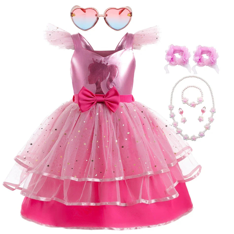 Princess Girls Rosy Movie Tutu Dress for Girl Letter B Birthday Party New Year Christmas Costumes Margot Ken Robbie