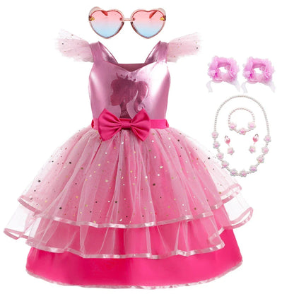 Princess Girls Rosy Movie Tutu Dress for Girl Letter B Birthday Party New Year Christmas Costumes Margot Ken Robbie