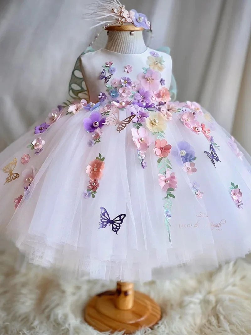 Vestido de princesa infantil borboleta com asas de malha fofa para meninas de 2 a 6 anos, vestido elegante para festa de aniversário com flores