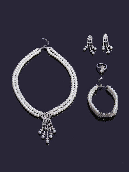Trendy Pearl Tassel Necklace 4PCS Jewelry Set For Women Wedding Party Full Zircon Dubai Bridal Jewelry Set Gift