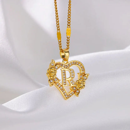 Flower Zircon Initial Heart Pendant Necklaces For Women 2024 Trend Stainless Steel Letter Necklaces Jewelry Best Friend Gifts