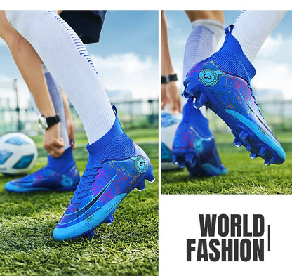 Fashion Men Professional Soccer Shoes Outdoor Cleats Unisex Ultralight Long Spikes Futsal Training Shoes Red Football Boots Men