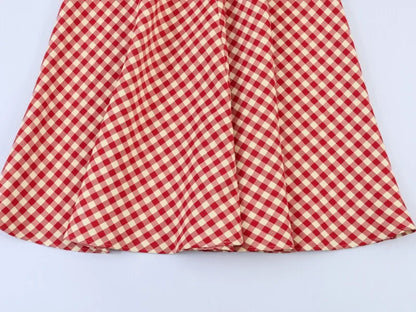 Women's Red Gingham A-Line Midi Skirt – High Waist, Flared Hem, Spring Casual Skirt for Picnic & Outdoor Outings