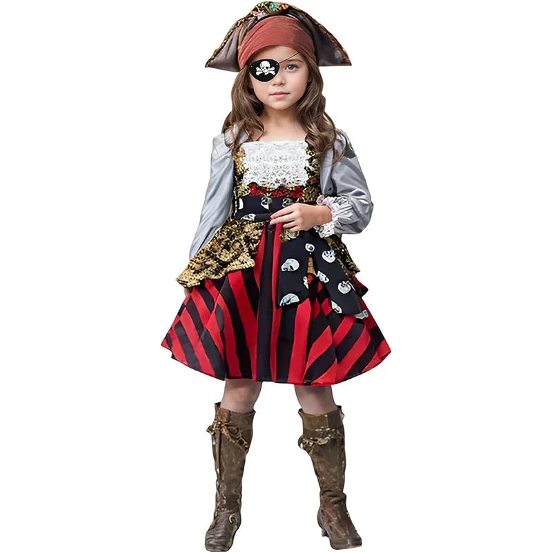 Carnival Ocean Theme Girls Pirate Costume Buccaneer Princess Dress Up For Kids With Accessories Halloween Cosplay Party Outfit