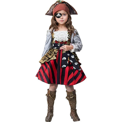 Carnival Ocean Theme Girls Pirate Costume Buccaneer Princess Dress Up For Kids With Accessories Halloween Cosplay Party Outfit