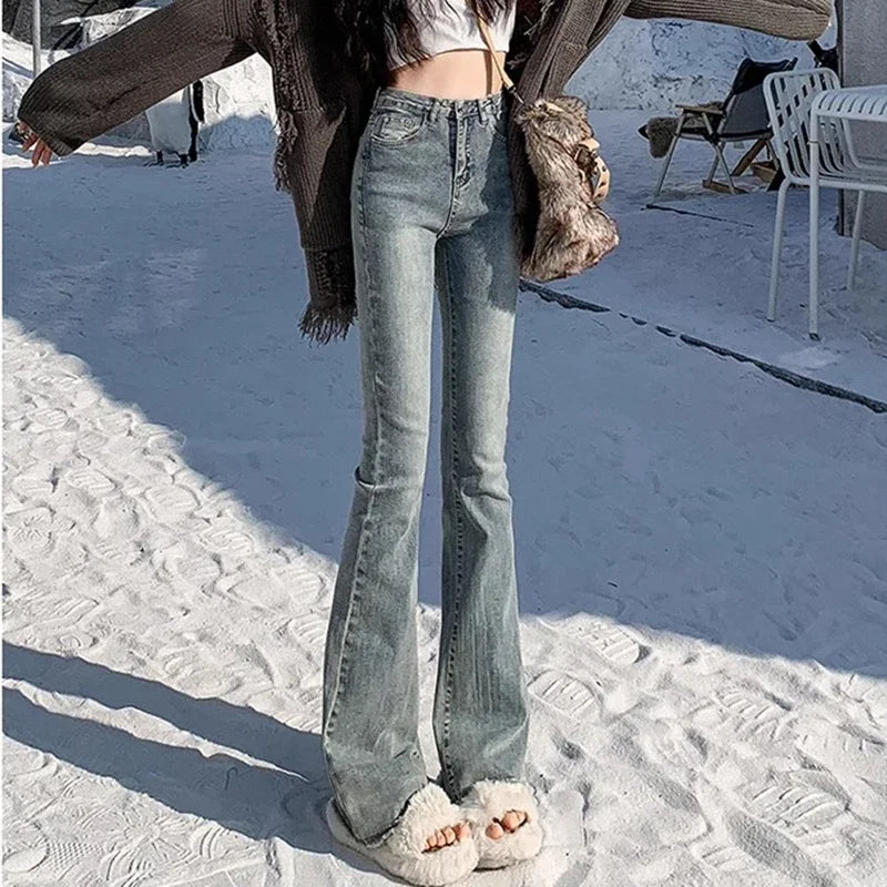 2024 Woman High Waist Vintage Flare Jeans Female Gothic Elastic Bell Bottom Pants Lady Streetwear Blue Black Grey Denim Trousers