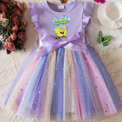 Sweet Girls Flying Sleeves Bow Sequin Dress Kids Baby Girl Birthday Party Fluffy Tutu Princess Dress 1-5Y