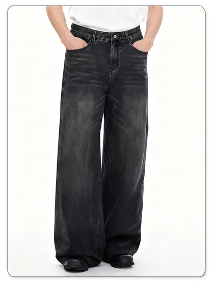 Calças jeans masculinas de quatro estações Versão coreana Calça casual para estudantes Retrô americano Cinza Preto Larga Solta Perna Reta Calça jeans folgada masculina