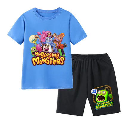 Summer Kids Cartoon Print Sport Clothing Suit Monsters Boys Casual Outfits Children Breathable T Shirt Pocket Shorts 2 Piece Set