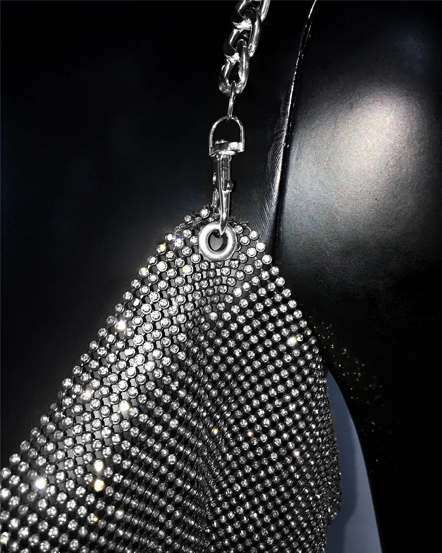 Shiny Rhinestone V Neck Tank Top 2025 Sexy Backless Metal Chain Spaghetti Straps Sling Camisole Women Nightclub Party Crop Top