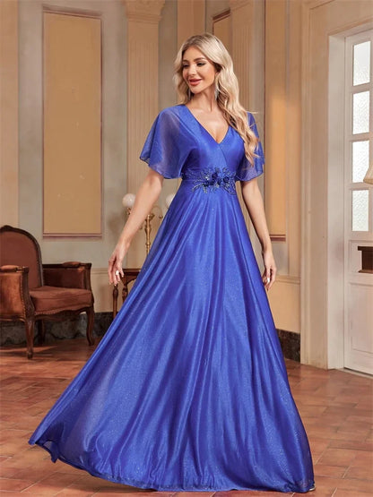 Elegant Royal V-neck Formal Evening Dress 2025 Women Short Sleeves Applique Wedding Party Dresses Long Gowns