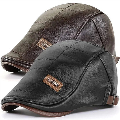Vintage Men Beret Hat Leather Flat Hats Warm Autumn Winter Windproof Adjustable High Quality Peaked Cap Mens Retro Beret Caps
