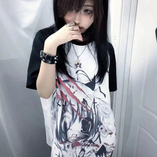 Girls Short Tops Y2k Japanese Harajuku T Shirt Subculture Loose Print Women Popular Basics Pulovers Black Half Sleeve Tees