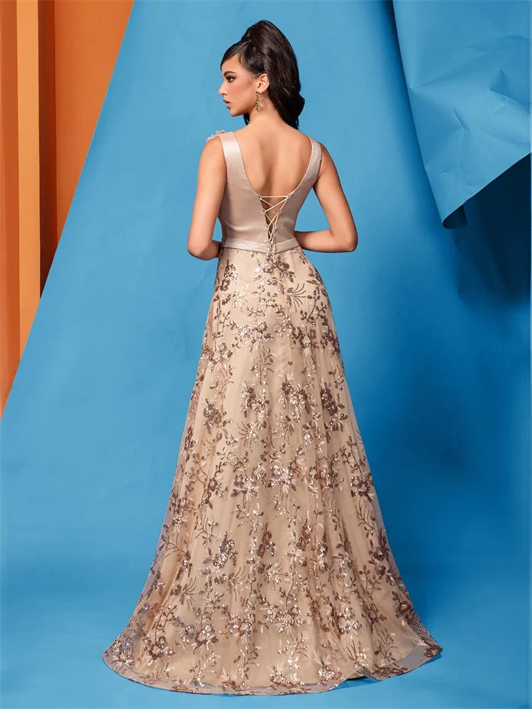 Vestido de Festa Elegante Dourado Floral com Decote em V Longo 2024 Luxo Feminino Chiffon sem Mangas para Baile Coquetel