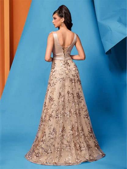Vestido de Festa Elegante Dourado Floral com Decote em V Longo 2024 Luxo Feminino Chiffon sem Mangas para Baile Coquetel