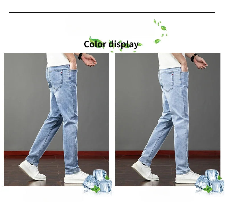 2026 Summer Men's Jeans Slim Fit Jeans Thin Stretch Straight Light Business Casual Denim Long Pants Male Classic Style Brand