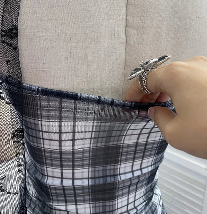 Y2K Plaid Camisole for Women Summer Casual Lace Scarf Breathable Stretch Mesh Patchwork Asymmetrical Ruffle Slim Tops