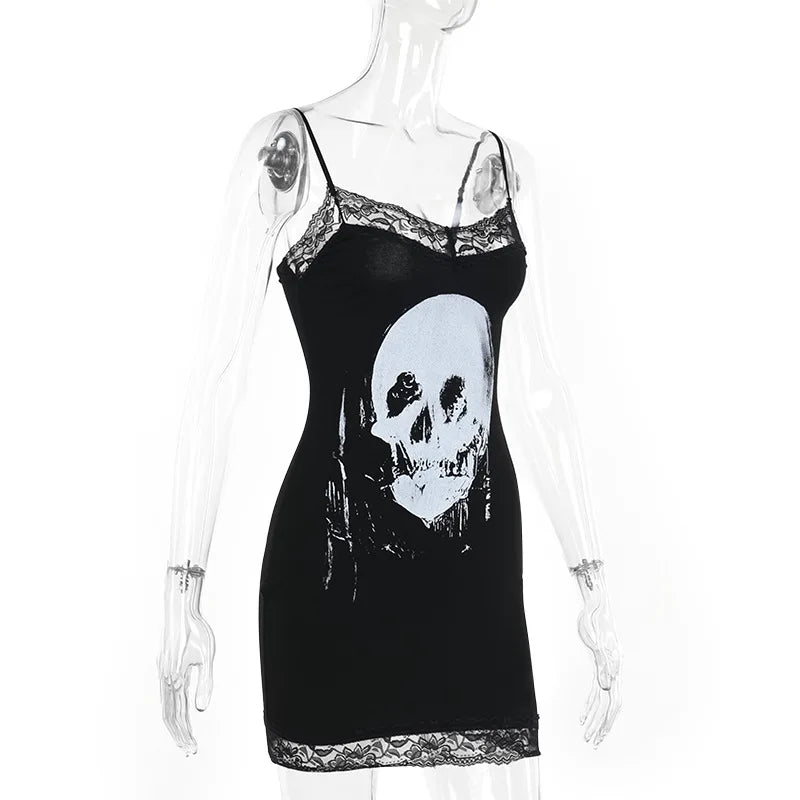 Streetwear Anime Skull Print Straps Mini Dress Fairy Lace Stitch Club Outfits Slim Sexy Bodycon Dresses Mall Gothic