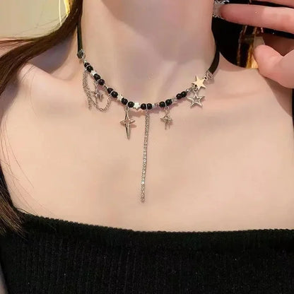 Gothic Black Peach Heart Star Pendant Necklace For Women Men Sliver Color Love Short Choker Punk Y2K Charms Jewelry Accessories