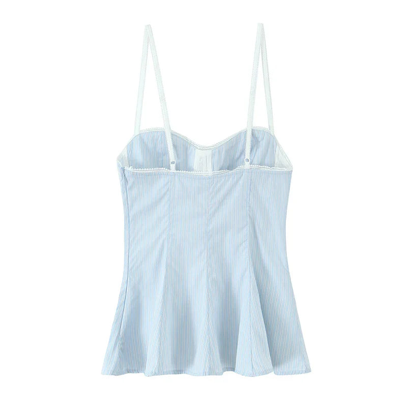 Women Fashion With Bow Striped Backless Side Zipper Tops Vintage Thin Straps V-Neck Female Chic Lady Camis