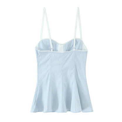 Women Fashion With Bow Striped Backless Side Zipper Tops Vintage Thin Straps V-Neck Female Chic Lady Camis
