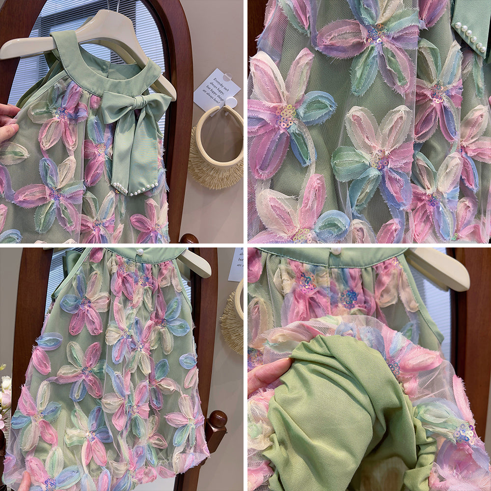 Girl Dress 2025 Summer New Girl Dress Princess Dress Little Girl Fashion Colorful Flower Yarn Dresses Kid Clothes
