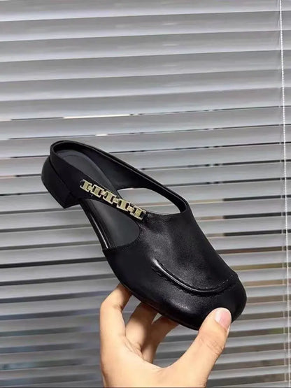 Women's Stylish Genuine Leather Mule Loafers with Metal Buckle Low Heel Slip On Flats Casual Driving Shoes