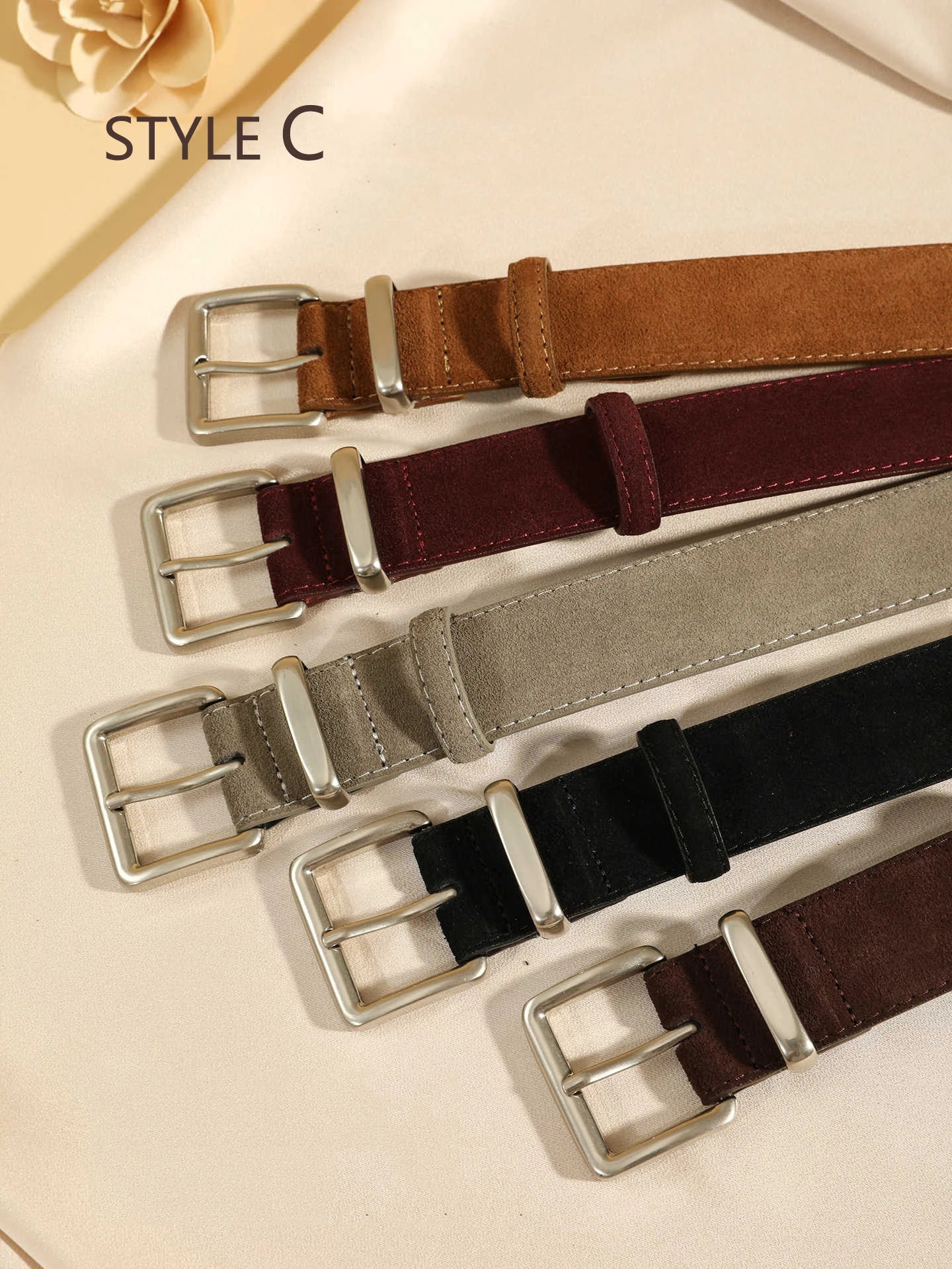 Luxury Suede Cowhide Leather Belt for Women, Vintage Style with Gold Buckle, 3.3cm Wide Waistband for Dresses & Jeans