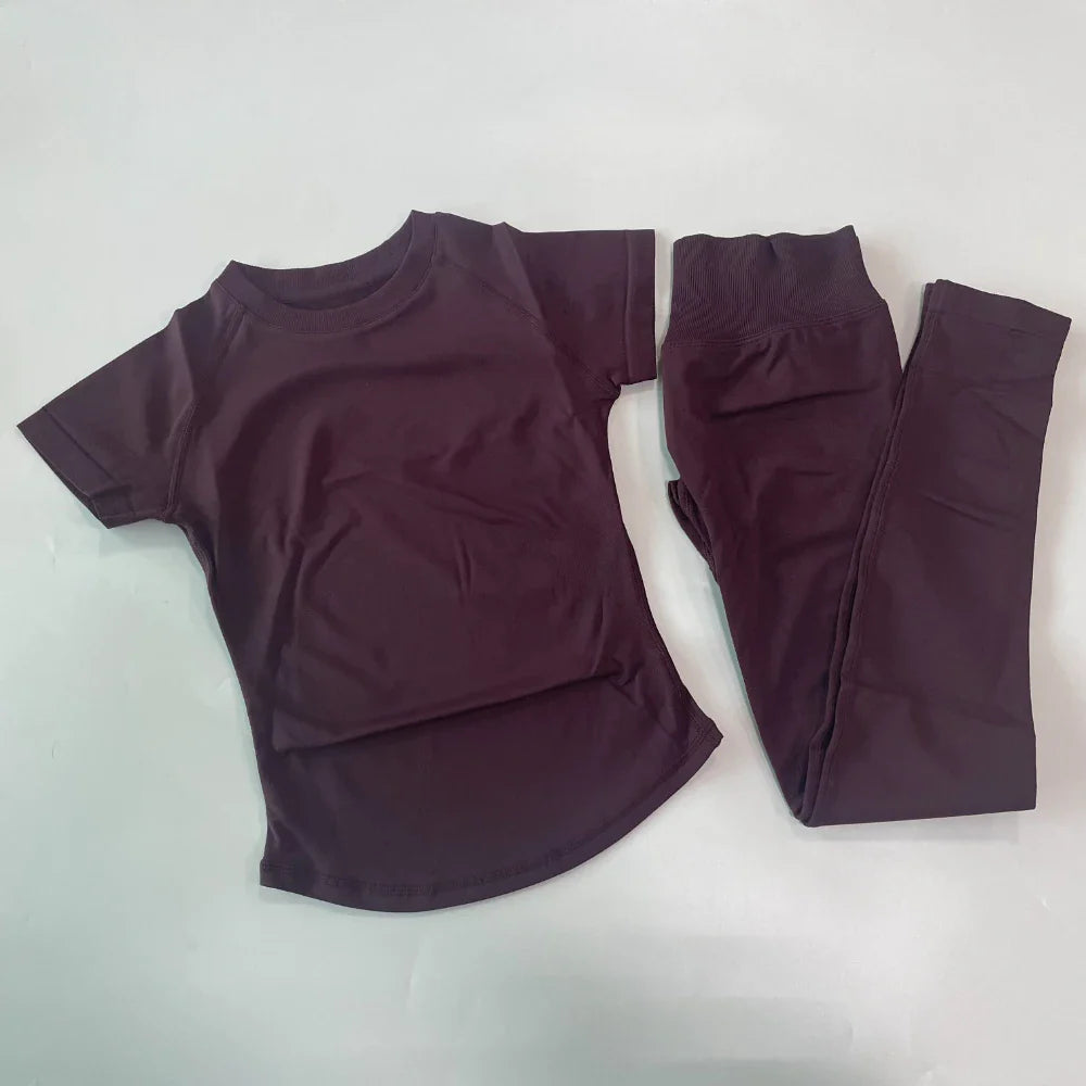 2 Piece Leggings Set Women Longline Short Sleeve Gym Crop Top High Waist Yoga Leggings Workout Sports Suit Fitness Clothes