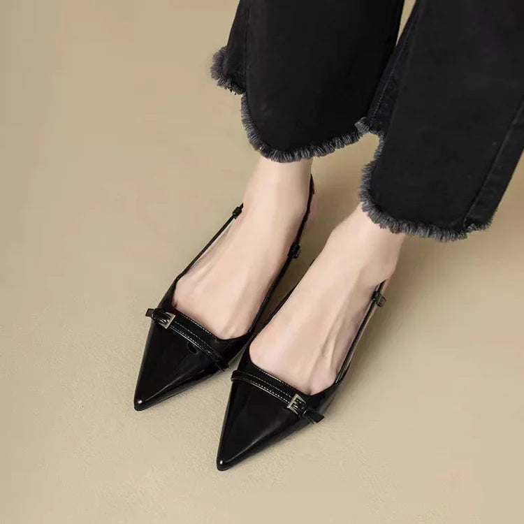 2025 French Pointed Sandals Burgundy Patent Crisscross Straps Metal Decor Slim Heel Open-Back Fairy Sandals