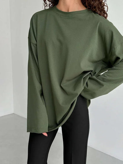 Women Summer 100% Cotton T-shirt Bottoming Spring Basic Fashionable Solid Lady Long Sleeve Loose Tops Shirts