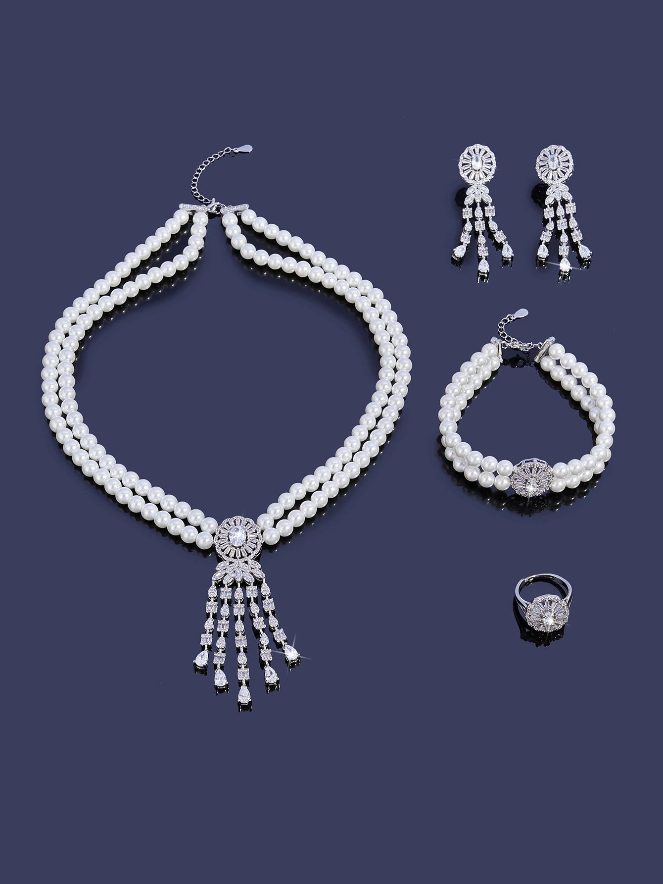 Trendy Pearl Tassel Necklace 4PCS Jewelry Set For Women Wedding Party Full Zircon Dubai Bridal Jewelry Set Gift