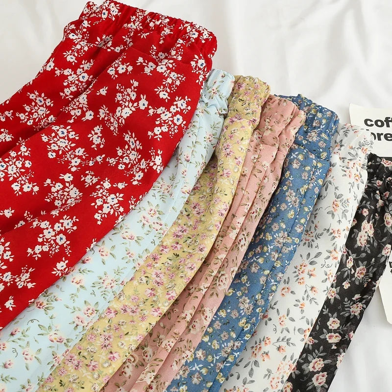 Women's Summer Skirts Vintage Floral Printed Chiffon Skirts High-waisted Elastic Waist Relaxed Mid-length Skirts Beach Skirts